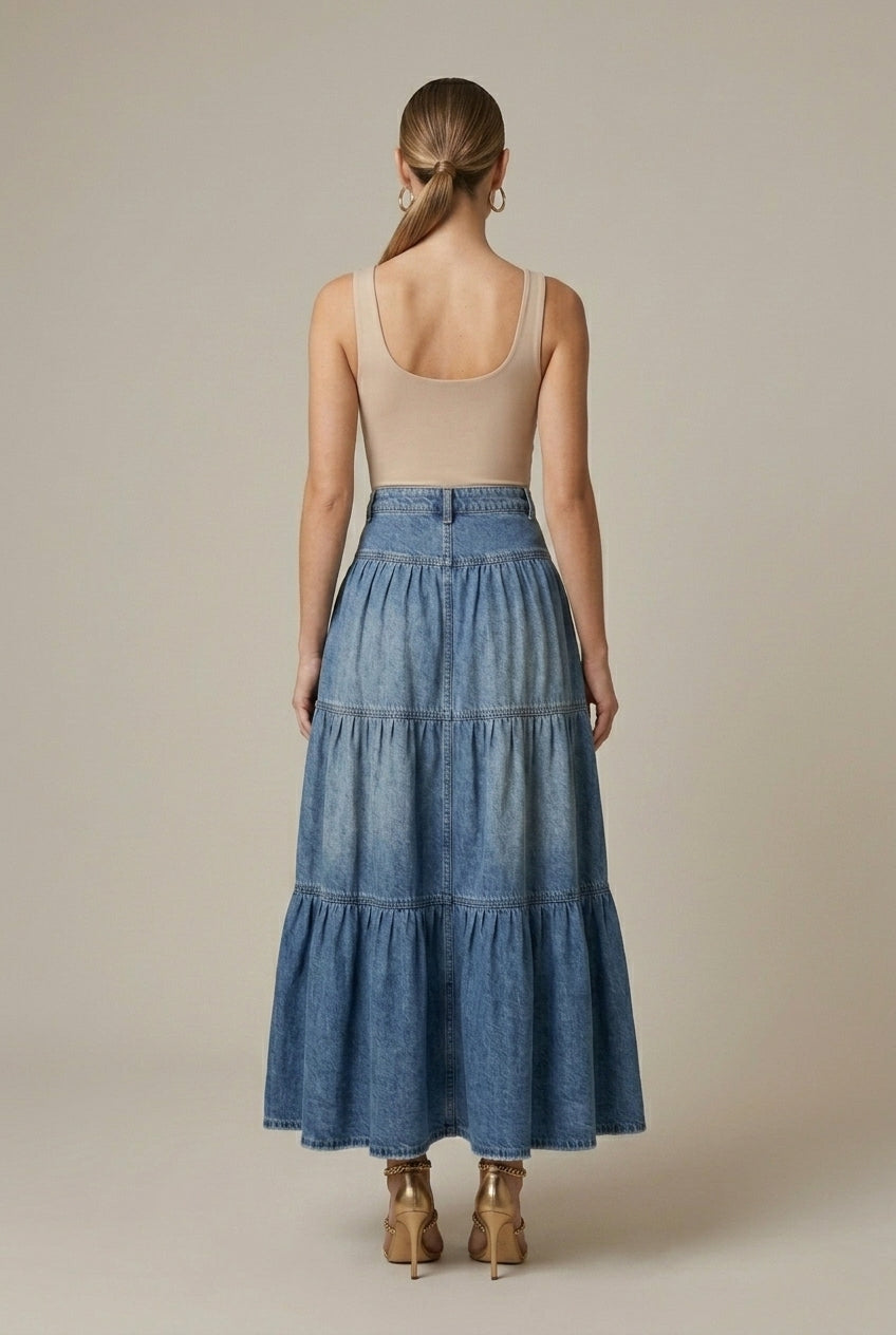 Women's Denim Maxi Skirt Tiered Button-Front - Seldom Seen Styles