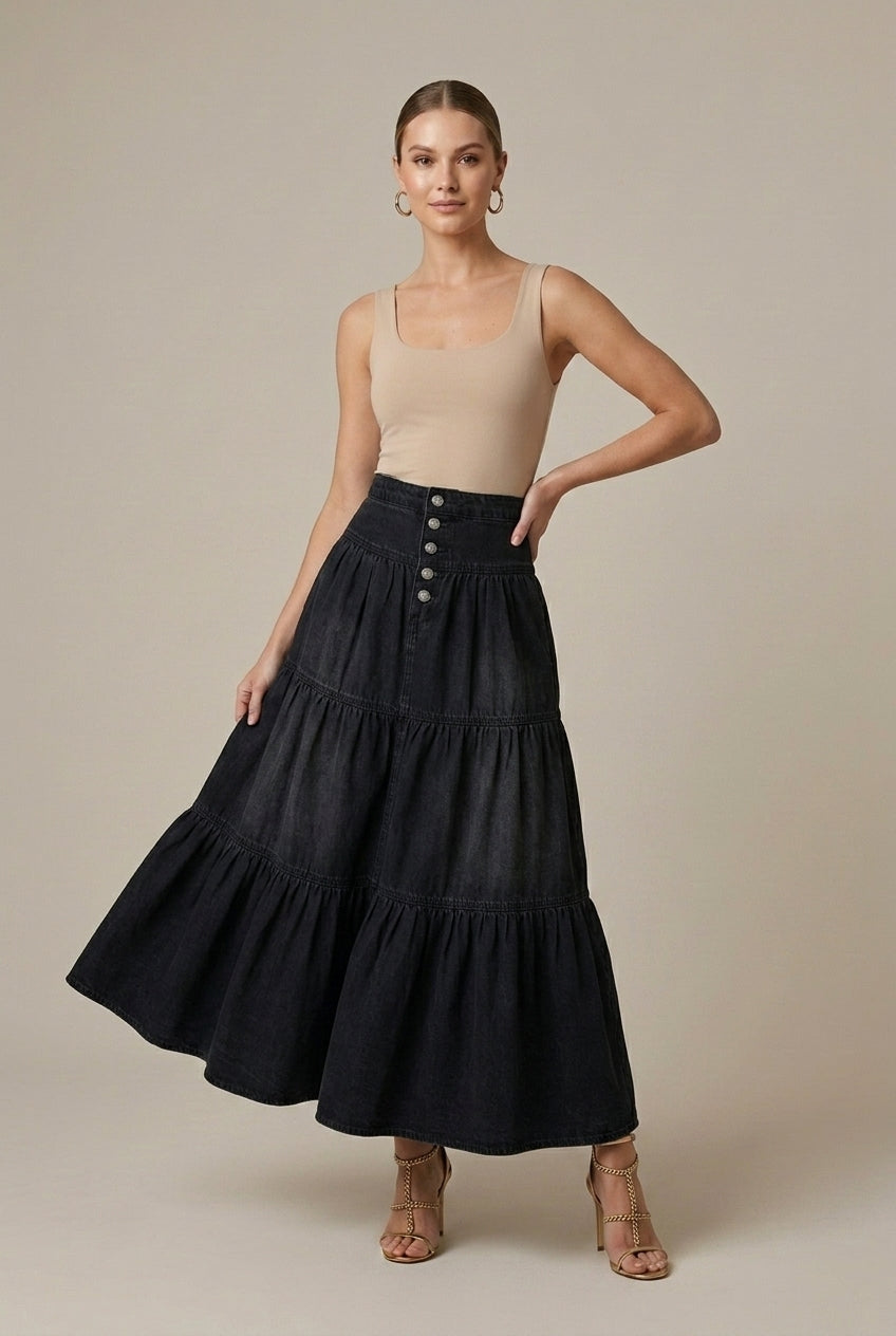 Women's Denim Maxi Skirt Tiered Button-Front - Seldom Seen Styles