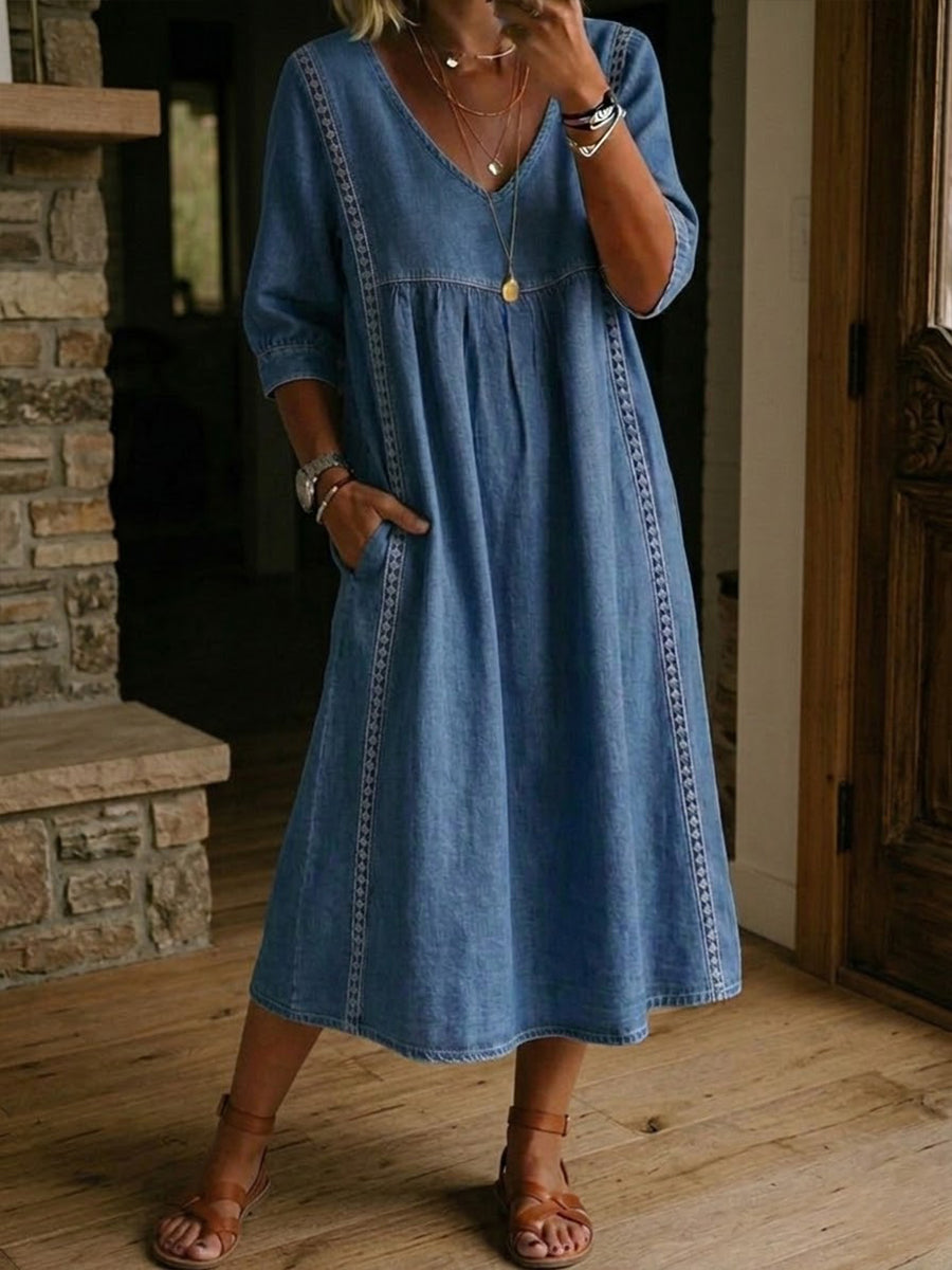 Women's Denim Midi Dress V Neck Loose Fit Short Sleeve Casual Pocket Dress - Seldom Seen Styles