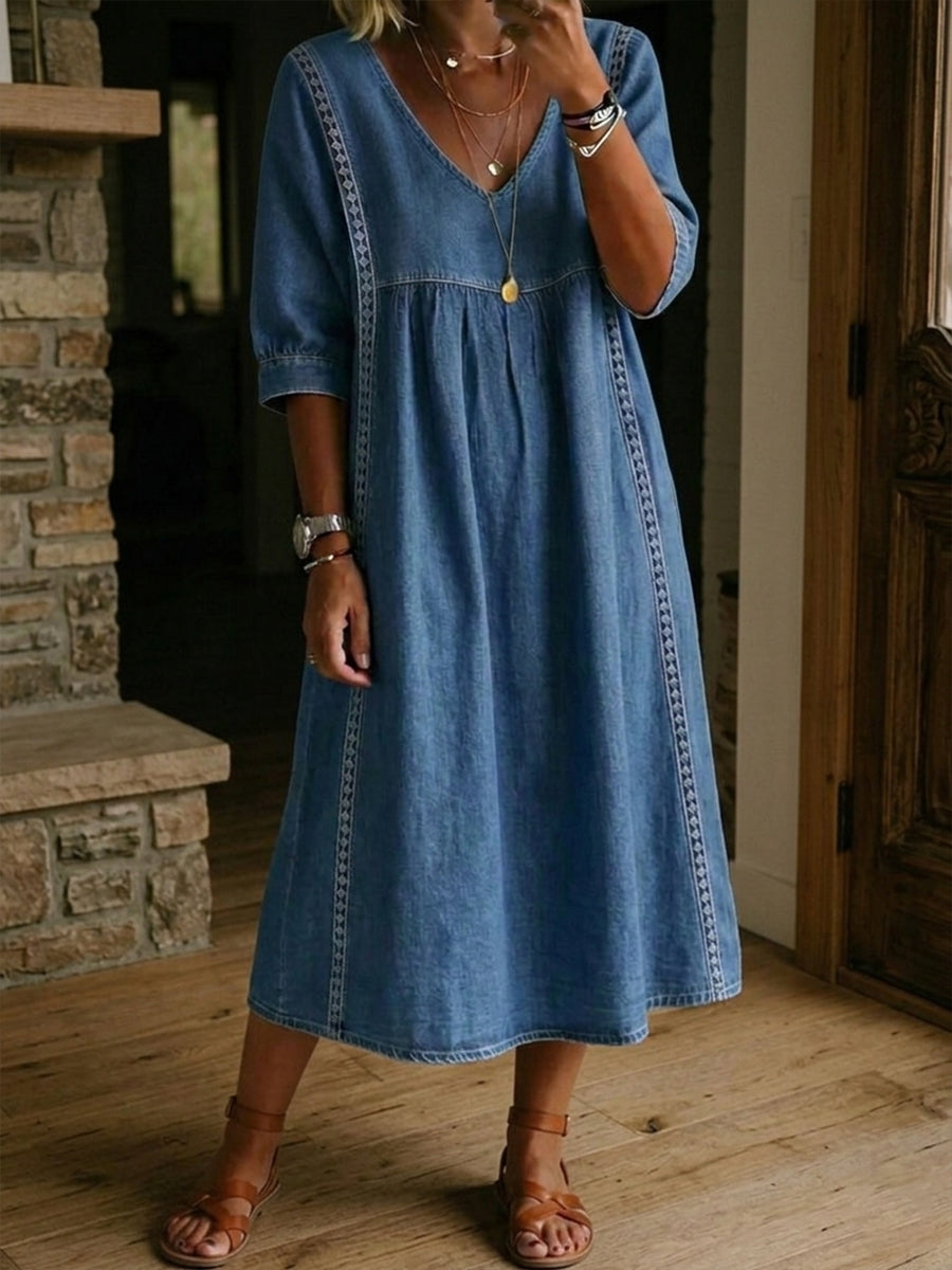 Women's Denim Midi Dress V Neck Loose Fit Short Sleeve Casual Pocket Dress - Seldom Seen Styles