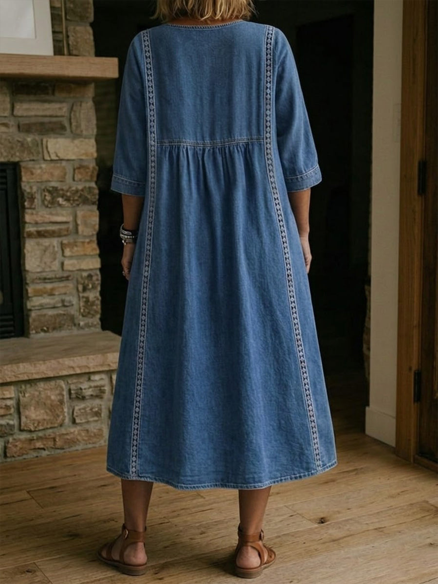 Women's Denim Midi Dress V Neck Loose Fit Short Sleeve Casual Pocket Dress - Seldom Seen Styles