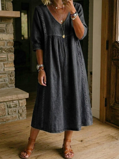 Women's Denim Midi Dress V Neck Loose Fit Short Sleeve Casual Pocket Dress