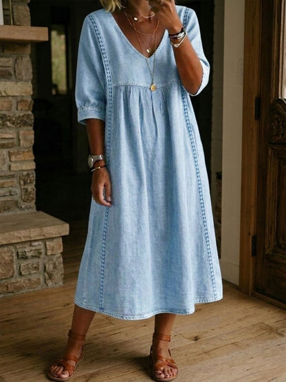 Women's Denim Midi Dress V Neck Loose Fit Short Sleeve Casual Pocket Dress