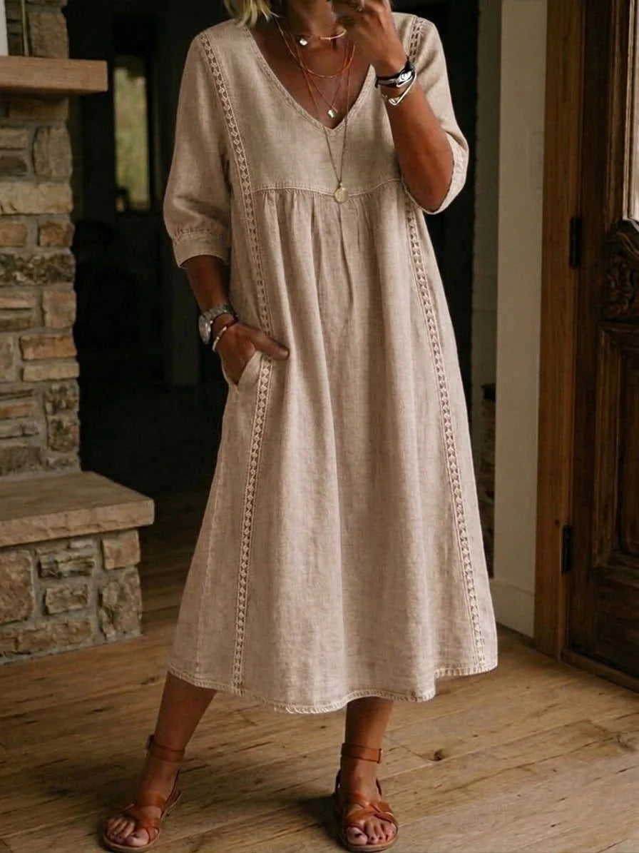 Women's Denim Midi Dress V Neck Loose Fit Short Sleeve Casual Pocket Dress - Seldom Seen Styles