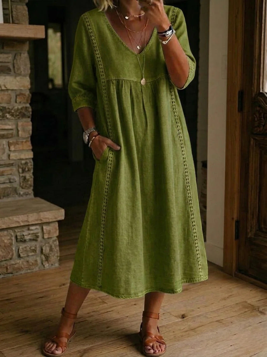 Women's Denim Midi Dress V Neck Loose Fit Short Sleeve Casual Pocket Dress - Seldom Seen Styles