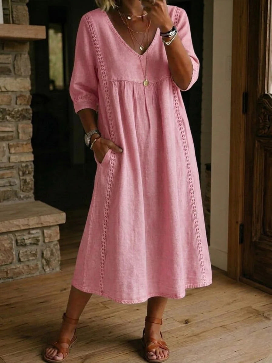 Women's Denim Midi Dress V Neck Loose Fit Short Sleeve Casual Pocket Dress - Seldom Seen Styles