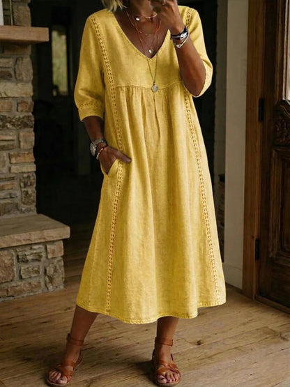 Women's Denim Midi Dress V Neck Loose Fit Short Sleeve Casual Pocket Dress