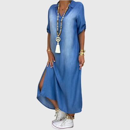 Robe chemise en jean pour femme, chemisier tunique bleu boutonné, manches longues, robe en jean avec poche