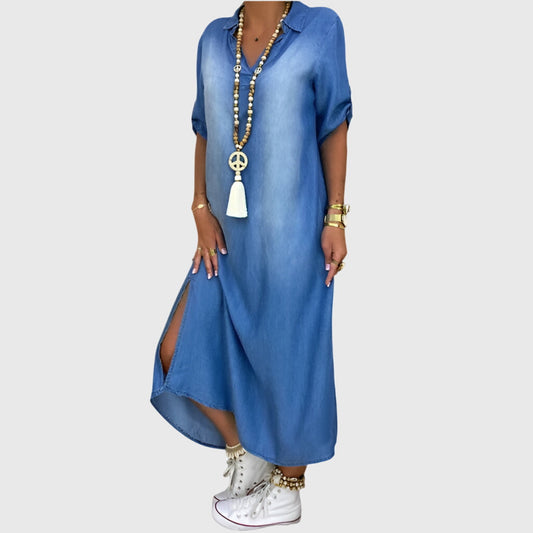 Women's Denim Shirt Long Dress Button Down Blue Tunic Blouse Long Sleeve Jeans Dress with Pocket - Seldom Seen Styles