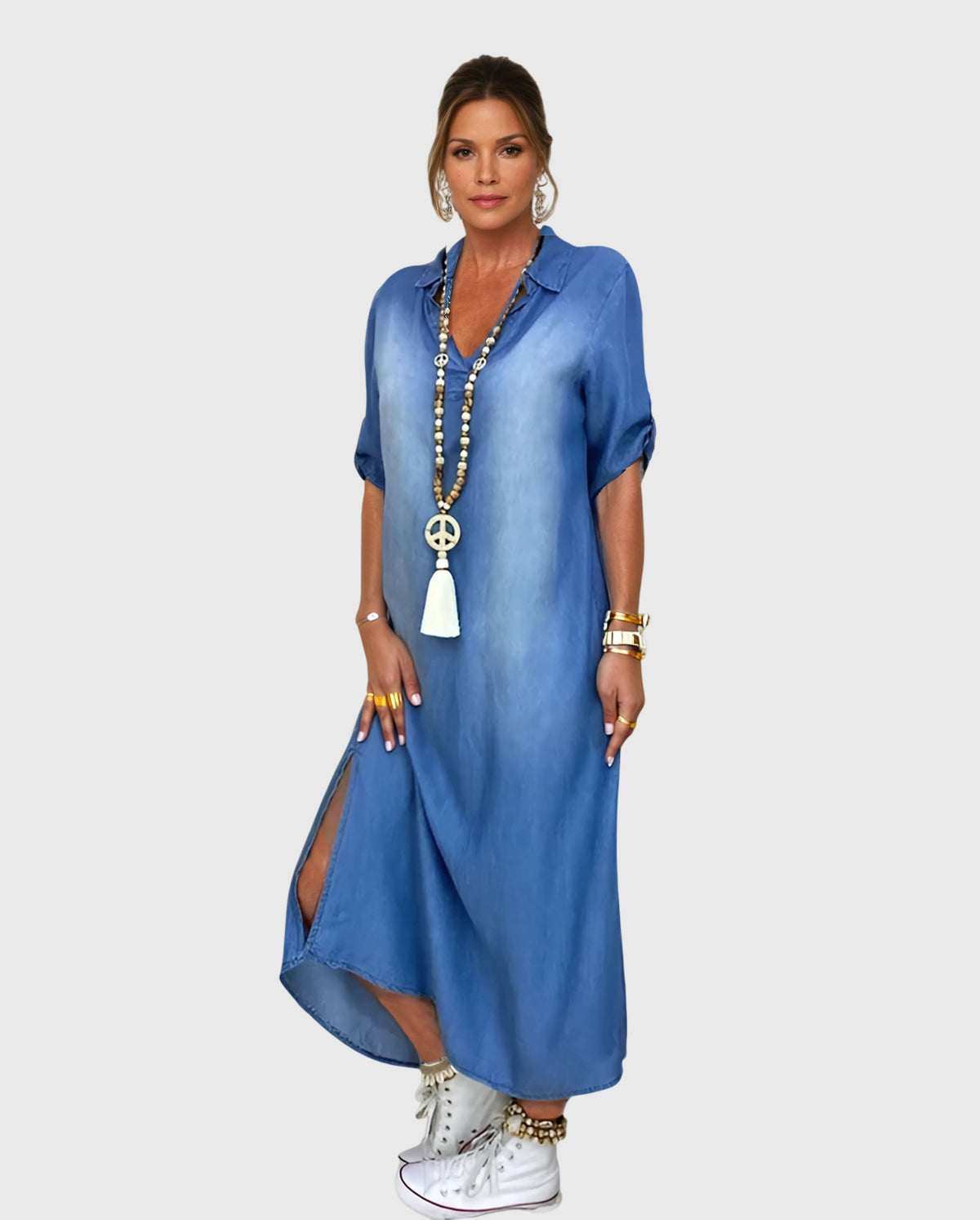 Women's Denim Shirt Long Dress Button Down Blue Tunic Blouse Long Sleeve Jeans Dress with Pocket - Seldom Seen Styles