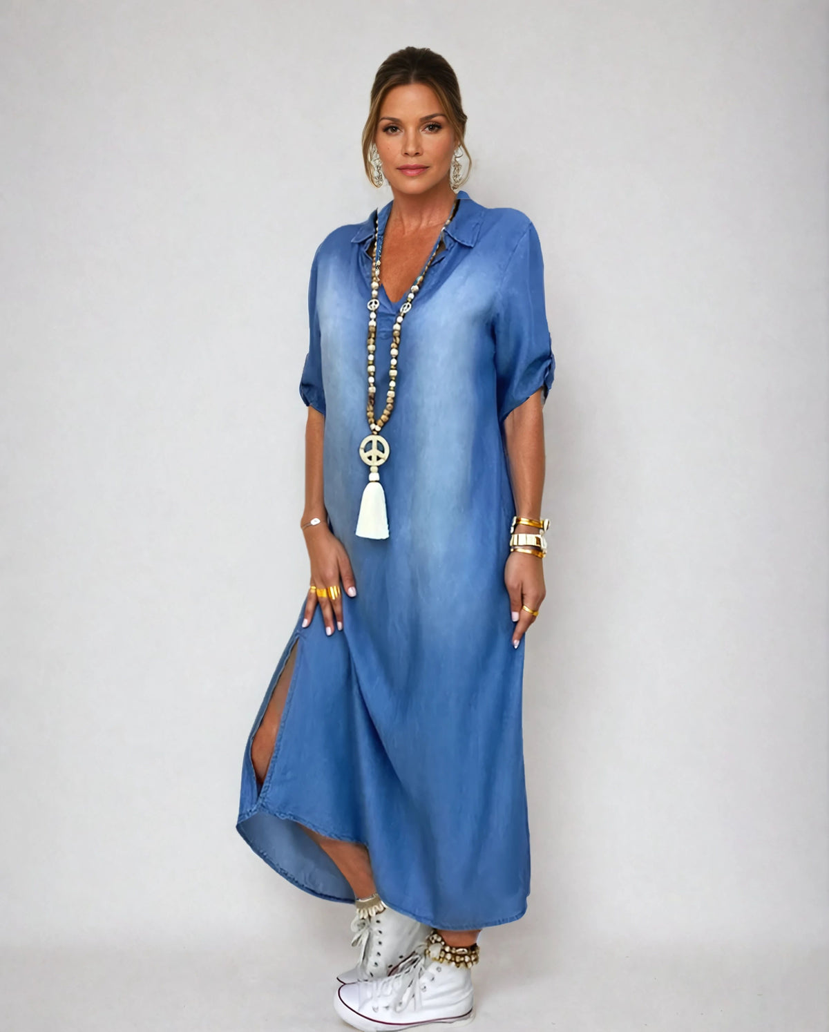 Women's Denim Shirt Long Dress Button Down Blue Tunic Blouse Long Sleeve Jeans Dress with Pocket - Seldom Seen Styles