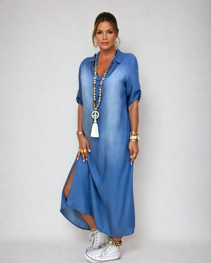 Robe chemise en jean pour femme, chemisier tunique bleu boutonné, manches longues, robe en jean avec poche
