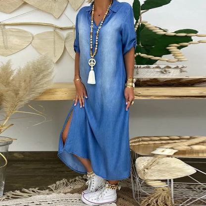 Robe chemise en jean pour femme, chemisier tunique bleu boutonné, manches longues, robe en jean avec poche