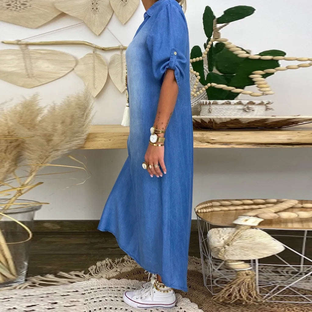 Women's Denim Shirt Long Dress Button Down Blue Tunic Blouse Long Sleeve Jeans Dress with Pocket - Seldom Seen Styles