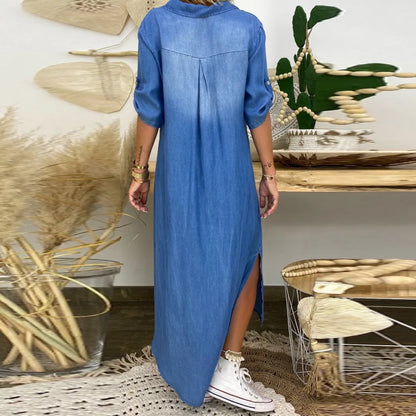 Robe chemise en jean pour femme, chemisier tunique bleu boutonné, manches longues, robe en jean avec poche