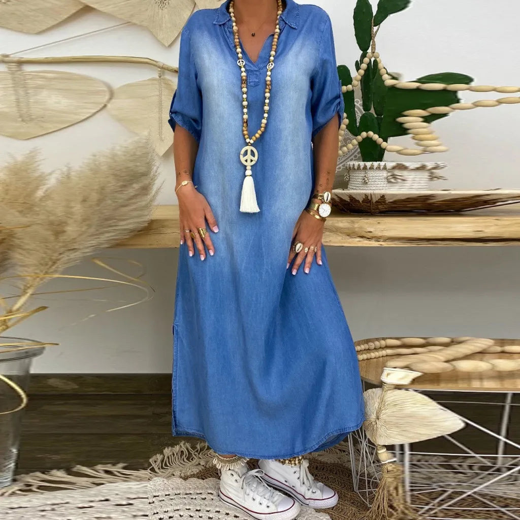 Women's Denim Shirt Long Dress Button Down Blue Tunic Blouse Long Sleeve Jeans Dress with Pocket - Seldom Seen Styles