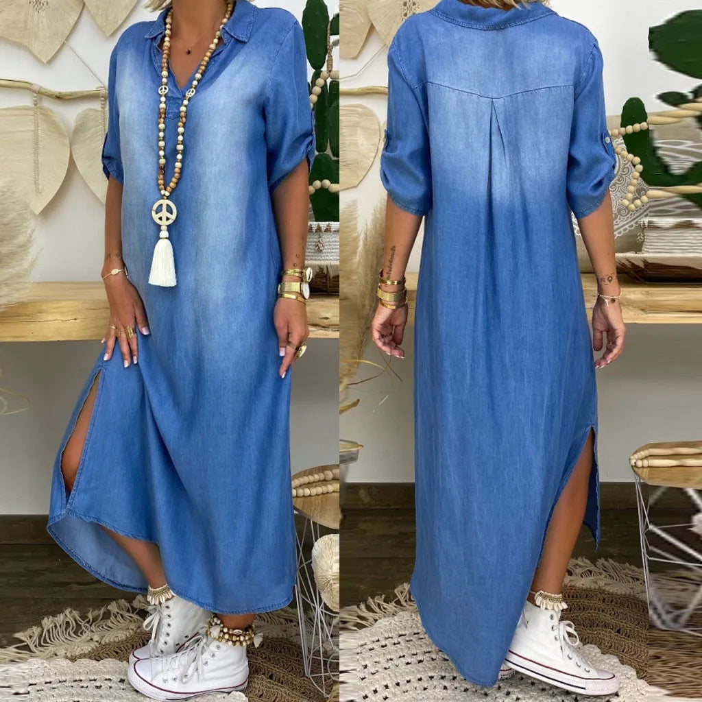 Women's Denim Shirt Long Dress Button Down Blue Tunic Blouse Long Sleeve Jeans Dress with Pocket - Seldom Seen Styles