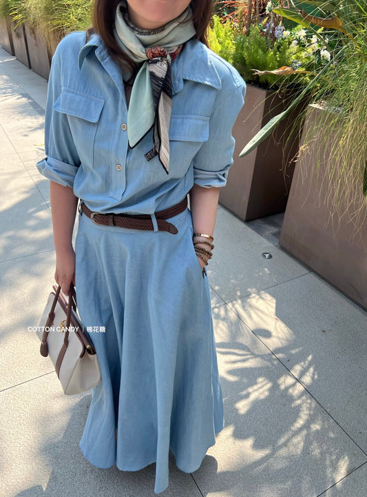 Women's Denim Short Sleeve Lapel Collar Gold Button Belted A-Line Maxi Dress Dual Chest Pockets with Free Braided Belt Dark Blue Light Blue S M Cotton Candy 288563 - Seldom Seen Styles