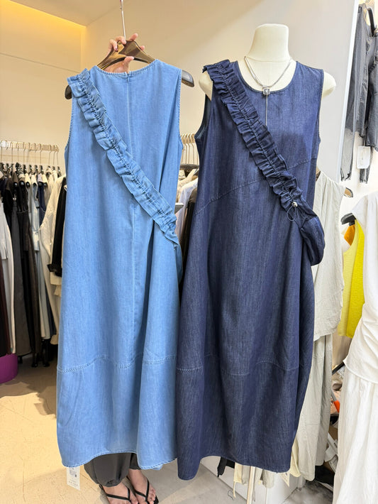 Women's Denim Sleeveless Diagonal Ruffle Trim A-Line Maxi Dress Drawstring Detail Light Blue Dark Navy One Size NNY with Free Bag - Seldom Seen Styles