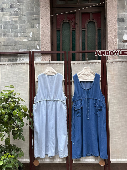 Women's Denim Sleeveless Drawstring Waist Midi Dress with Pockets Light Blue Dark Blue Casual Jean Dress - Seldom Seen Styles
