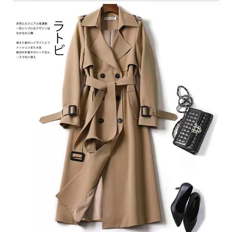 Women's Double Breasted Trench Coat Belted Long Coat Classic Lapel Overcoat Elegant Spring Fall Outerwear - Seldom Seen Styles