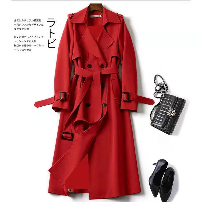 Women's Double Breasted Trench Coat Belted Long Coat Classic Lapel Overcoat Elegant Spring Fall Outerwear - Seldom Seen Styles