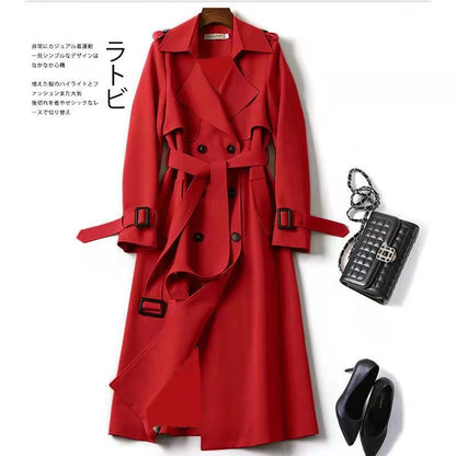 Women's Double Breasted Trench Coat Belted Long Coat Classic Lapel Overcoat Elegant Spring Fall Outerwear