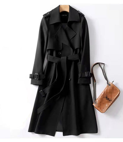 Women's Double Breasted Trench Coat Belted Long Coat Classic Lapel Overcoat Elegant Spring Fall Outerwear