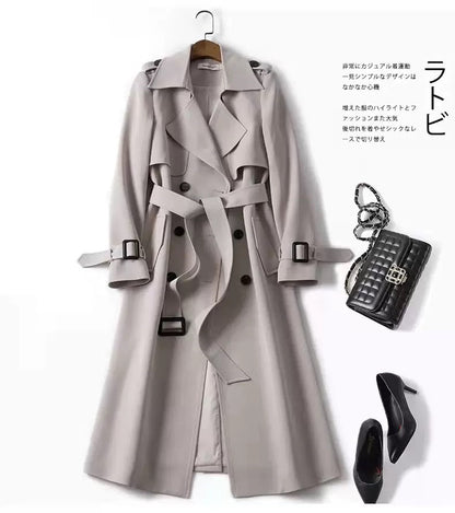 Women's Double Breasted Trench Coat Belted Long Coat Classic Lapel Overcoat Elegant Spring Fall Outerwear