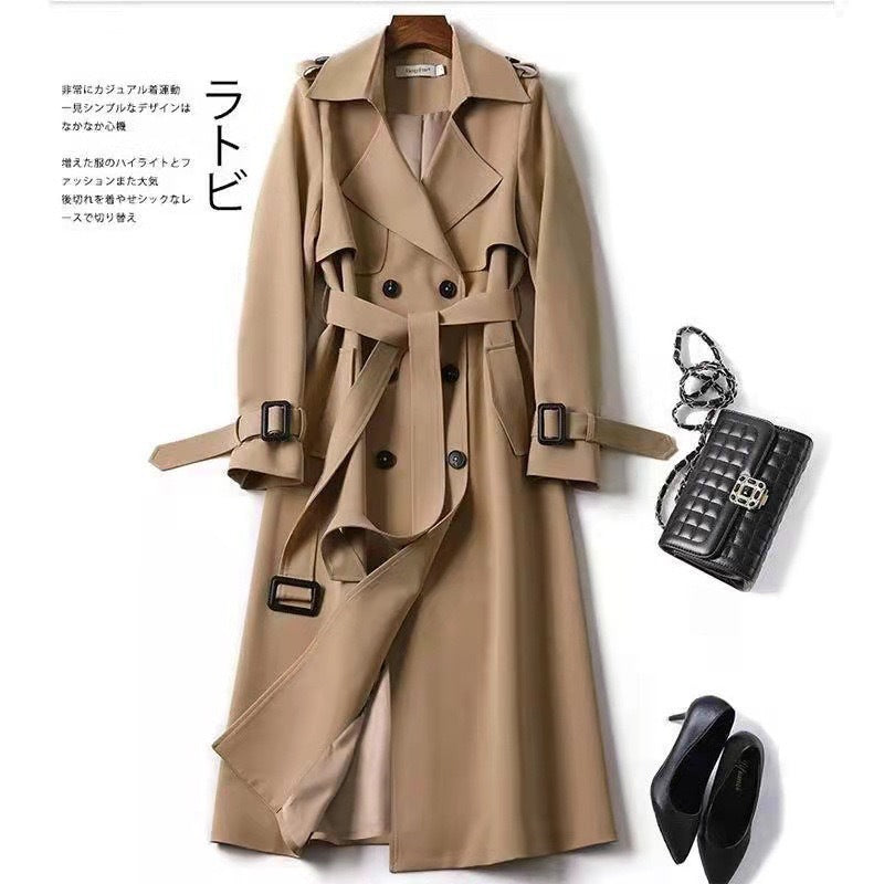 Women's Double Breasted Trench Coat Belted Long Coat Classic Lapel Overcoat Elegant Spring Fall Outerwear - Seldom Seen Styles