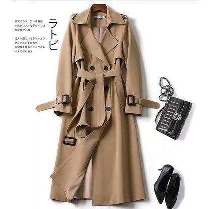 Women's Double Breasted Trench Coat Belted Long Coat Classic Lapel Overcoat Elegant Spring Fall Outerwear