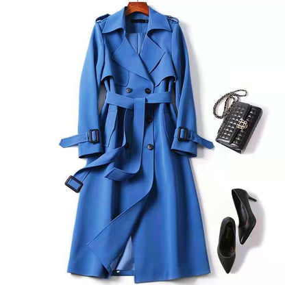 Women's Double Breasted Trench Coat Belted Long Coat Classic Lapel Overcoat Elegant Spring Fall Outerwear