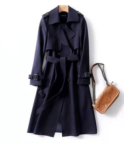 Women's Double Breasted Trench Coat Belted Long Coat Classic Lapel Overcoat Elegant Spring Fall Outerwear
