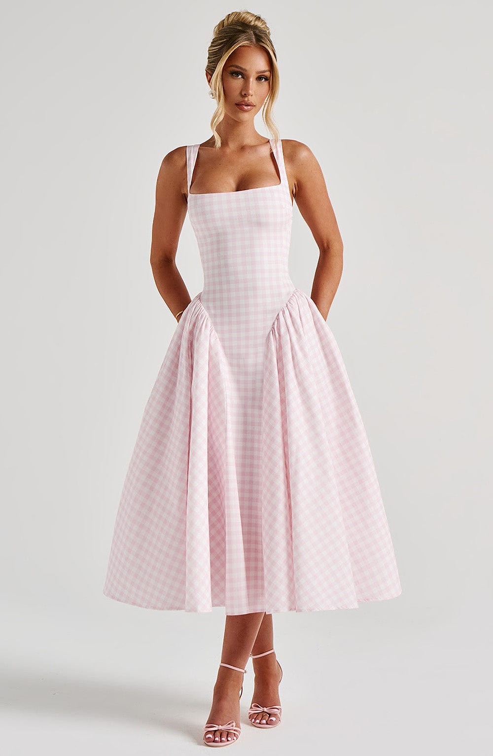 Women's Dress Gingham Fabric Fitted Bodice Adjustable Straps Midi Skirt - Seldom Seen Styles