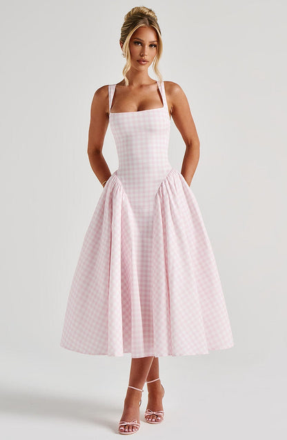 Women's Dress Gingham Fabric Fitted Bodice Adjustable Straps Midi Skirt