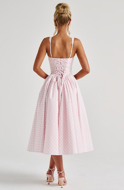 Women's Dress Gingham Fabric Fitted Bodice Adjustable Straps Midi Skirt