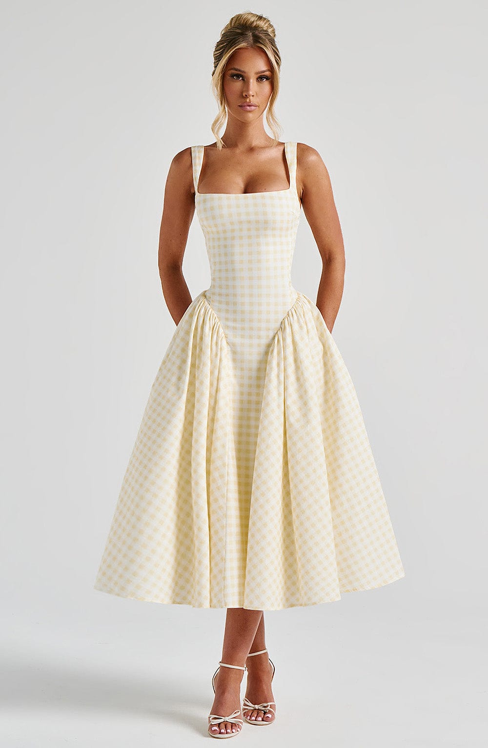 Women's Dress Gingham Fabric Fitted Bodice Adjustable Straps Midi Skirt - Seldom Seen Styles