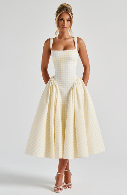 Women's Dress Gingham Fabric Fitted Bodice Adjustable Straps Midi Skirt