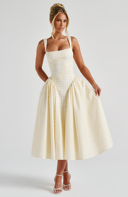 Women's Dress Gingham Fabric Fitted Bodice Adjustable Straps Midi Skirt