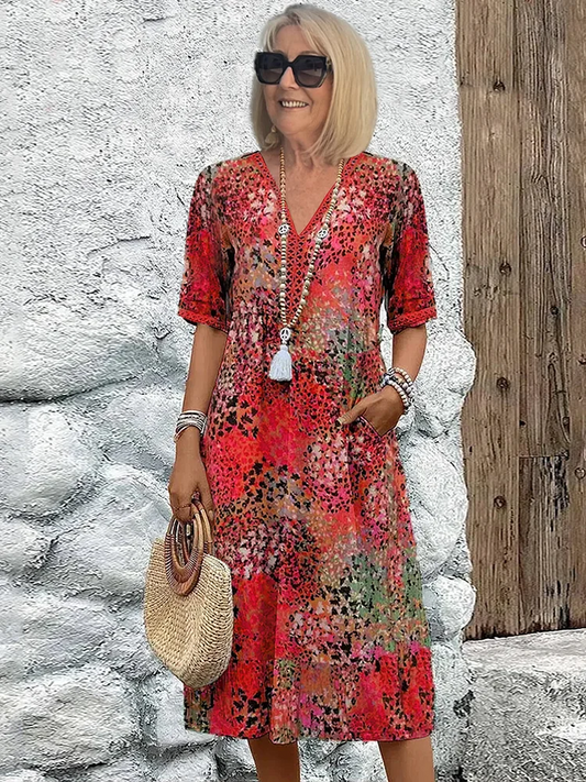Women's Dress | Printed V Neck Short Sleeve Midi - Seldom Seen Styles