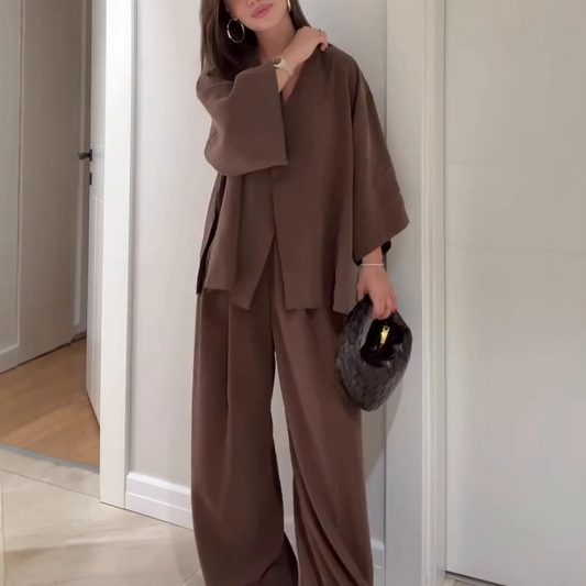 Women's Elegance V-Neck Top & Wide-Leg Pants Set - Seldom Seen Styles