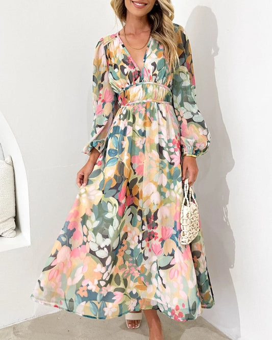 Women's Elegant Floral Maxi Dress - Boho Long Flowy Summer Dress with V-Neck, Lonesleeve Beach Wedding Guest Sundress for Women - Seldom Seen Styles