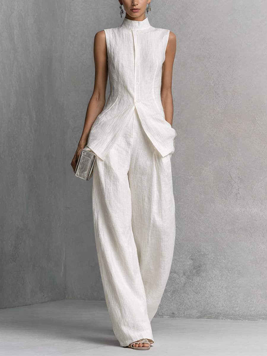 Women's Elegant White Cotton Linen Sleeveless Top and Wide-Leg Pants Set MDZ0221B1BA - Seldom Seen Styles
