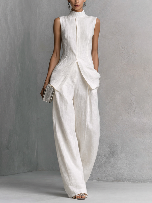 Women's Elegant White Cotton Linen Sleeveless Top and Wide-Leg Pants Set MDZ0221B1BA - Seldom Seen Styles