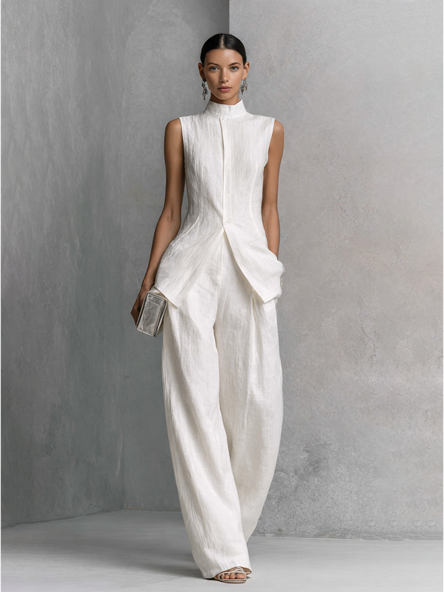 Women's Elegant White Cotton Linen Sleeveless Top and Wide-Leg Pants Set MDZ0221B1BA - Seldom Seen Styles