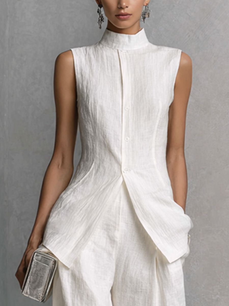 Women's Elegant White Cotton Linen Sleeveless Top and Wide-Leg Pants Set MDZ0221B1BA - Seldom Seen Styles