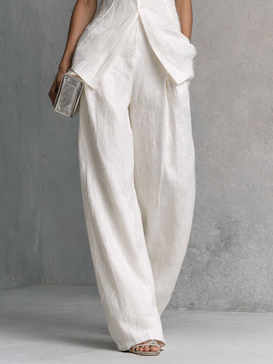 Women's Elegant White Cotton Linen Sleeveless Top and Wide-Leg Pants Set MDZ0221B1BA - Seldom Seen Styles