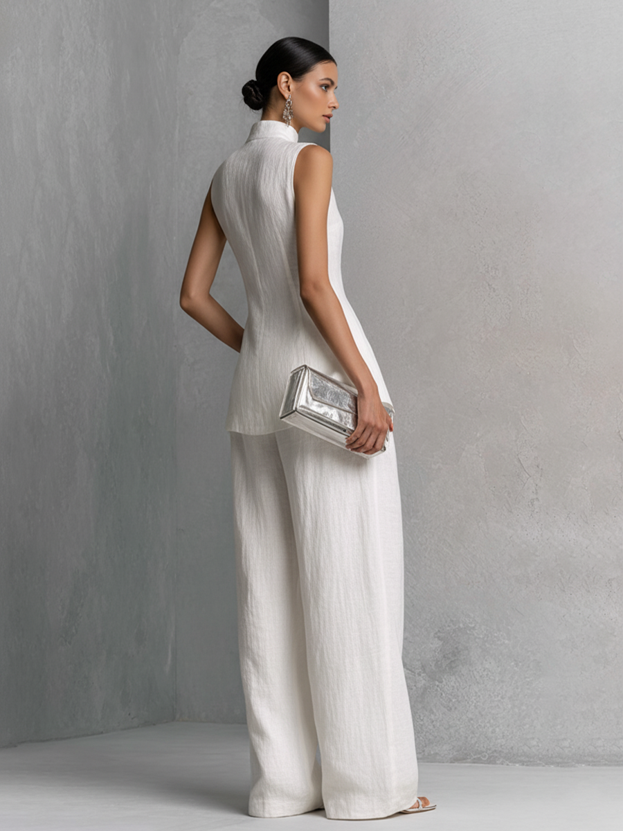 Women's Elegant White Cotton Linen Sleeveless Top and Wide-Leg Pants Set MDZ0221B1BA - Seldom Seen Styles