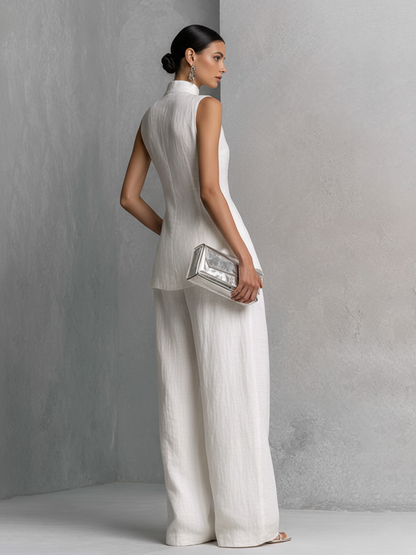 Women's Elegant White Cotton Linen Sleeveless Top and Wide-Leg Pants Set MDZ0221B1BA
