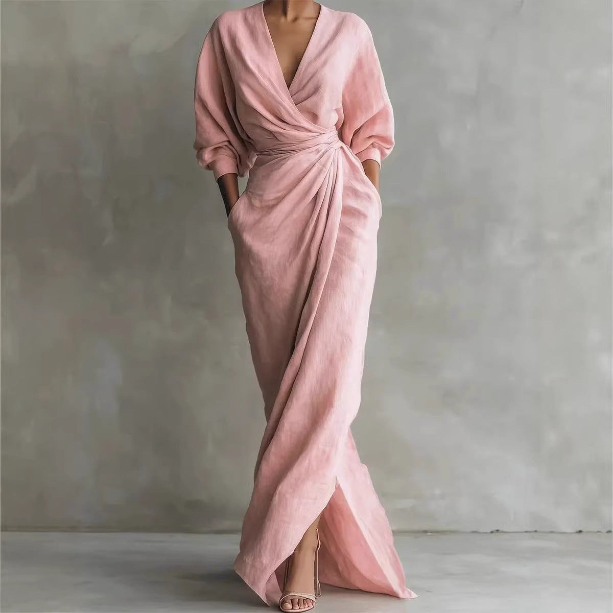 Women's Elegant Wrap Maxi Dress Long Sleeve V Neck Ruched Waist Split Evening Dress with Pockets - Seldom Seen Styles